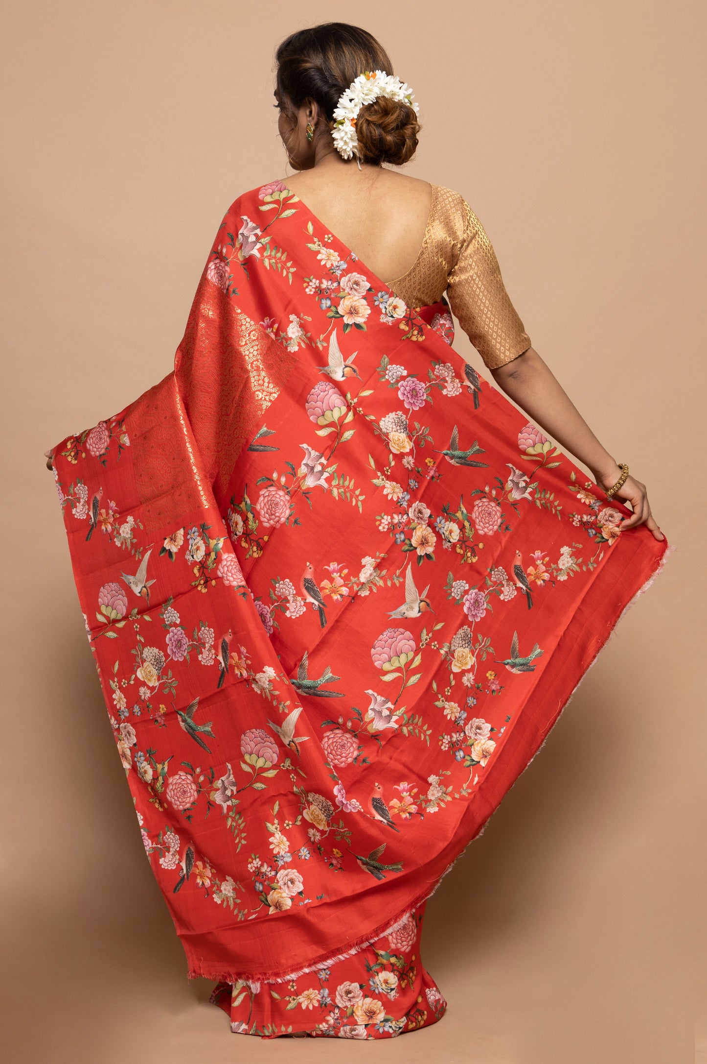 Kanchipuram Silk Jaal Orange Saree With Floral Satin Border