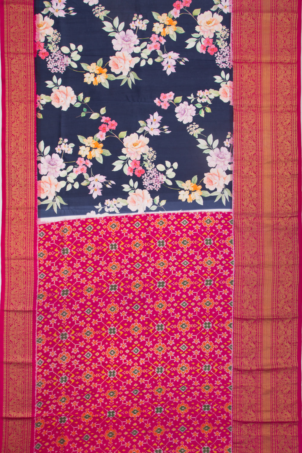 Kanchipuram Silk Floral Printed Dark Blue Saree