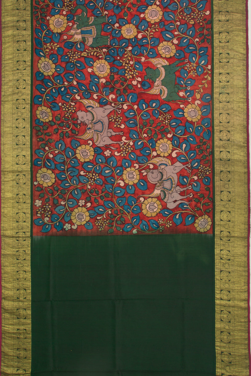 Kanchipuram Silk Kalamkari Handpainted Brown Saree