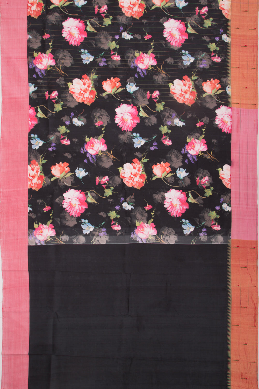Paithani Soft Silk Floral Printed Black Saree With Triple Muniya Border