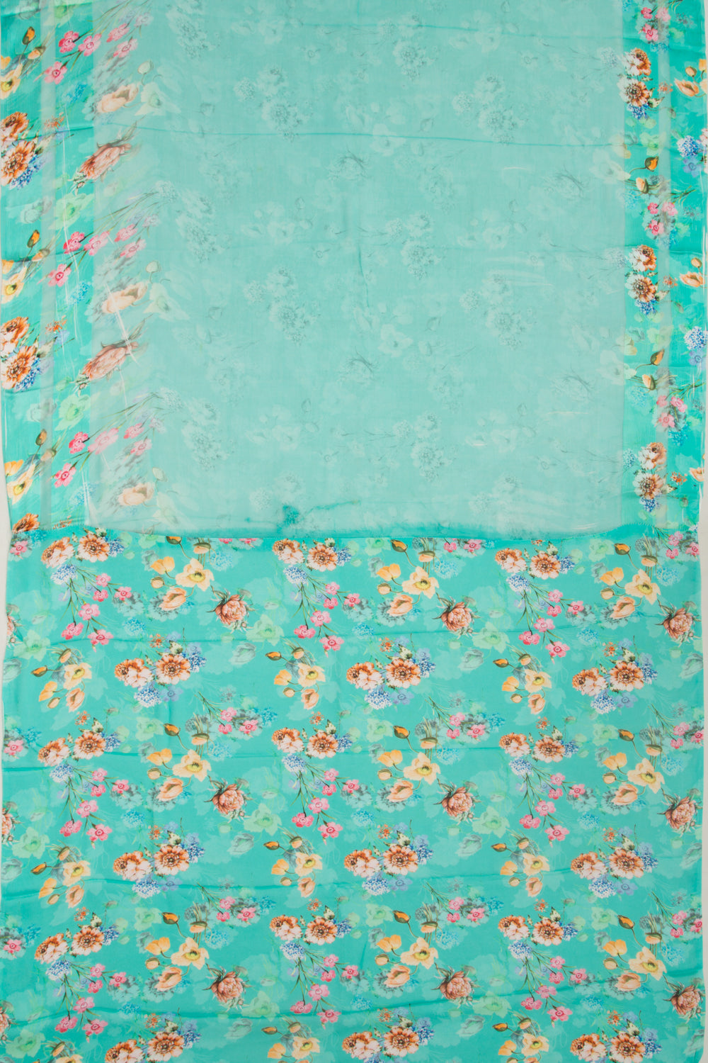 Semi Chiffon Floral Printed Sky Blue Saree