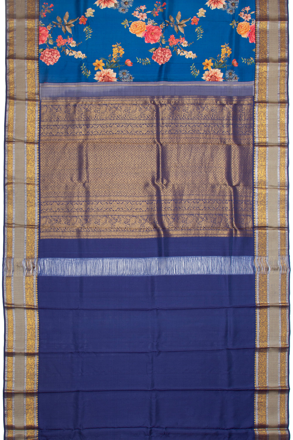 Kanchipuram Silk Floral Printed Dark Blue Saree