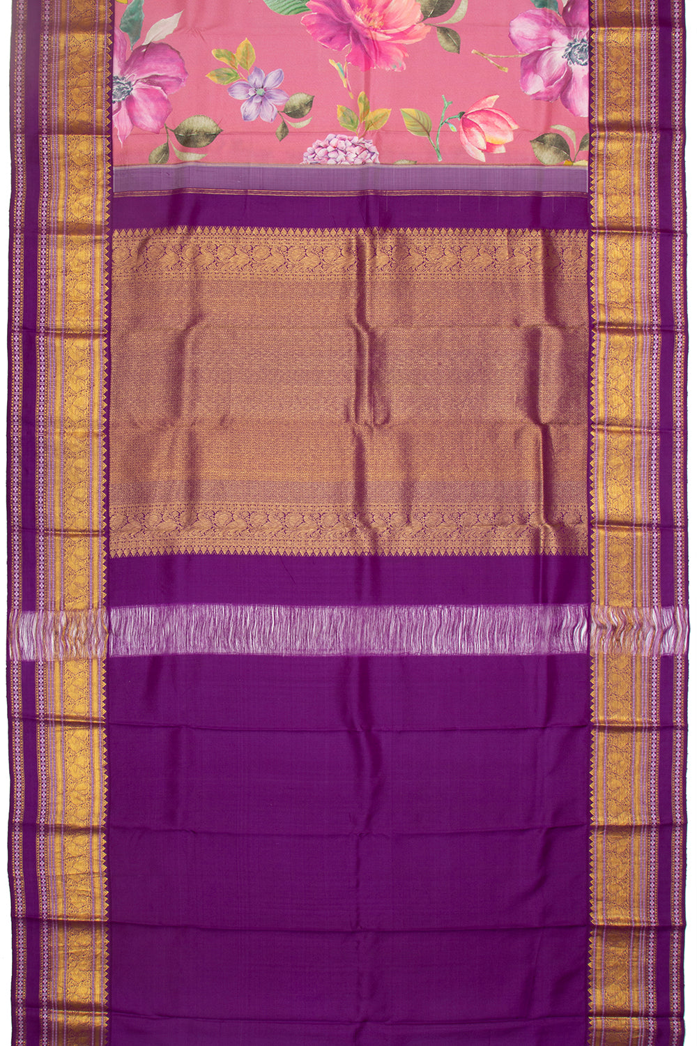 Kanchipuram Silk Floral Printed Pink Saree