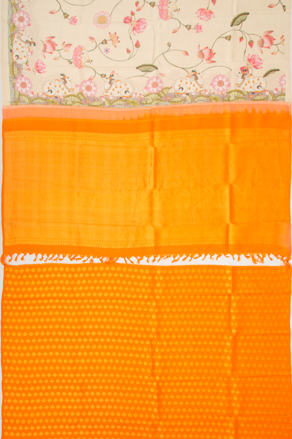 Kanchipuram Silk Pichwai Printed Cream Saree
