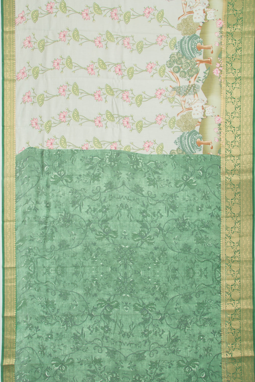 Chanderi Silk Pichwai Printed Grey Saree