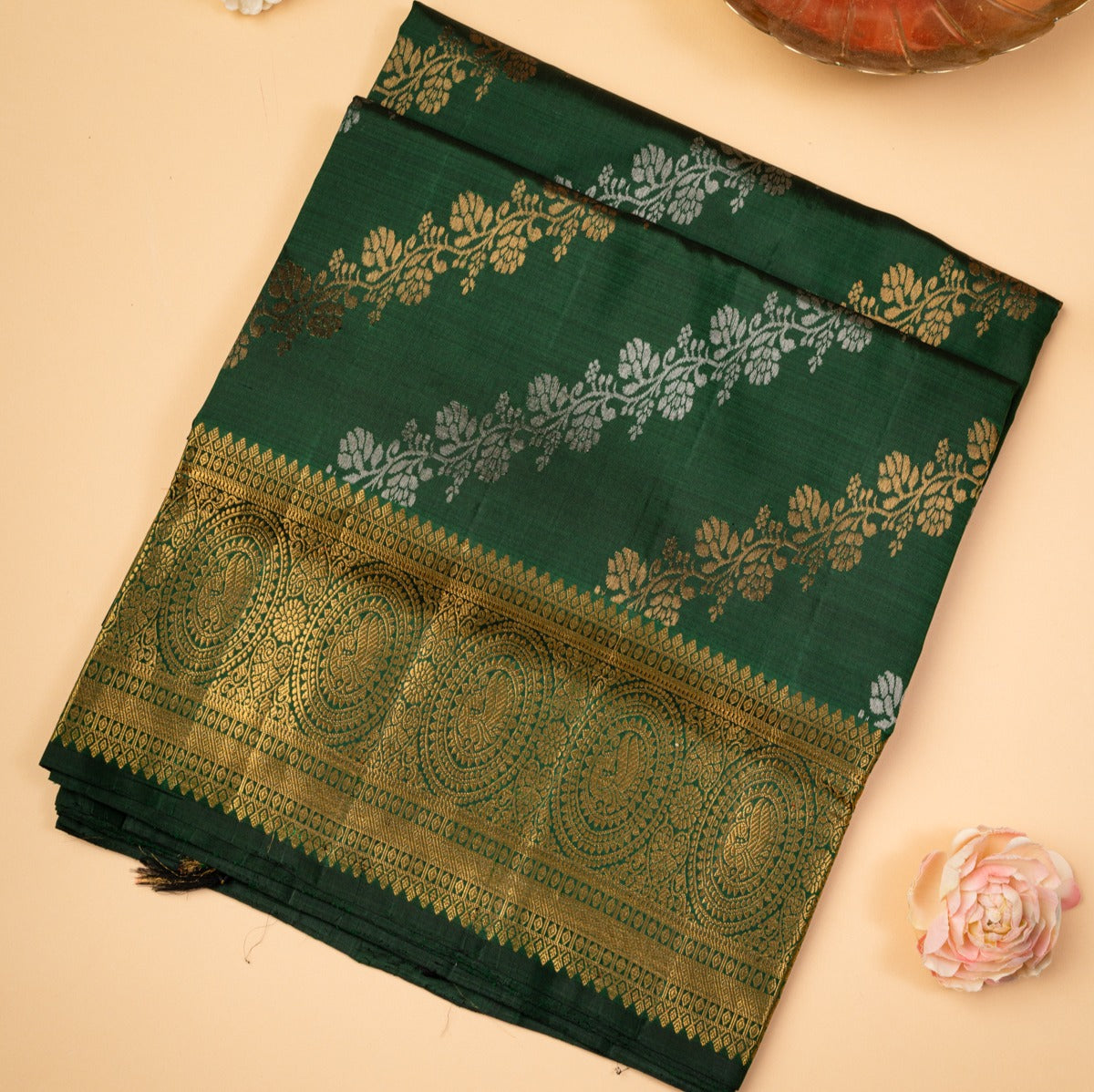 Kanchipuram Silk Leheriya Bottle Green Saree