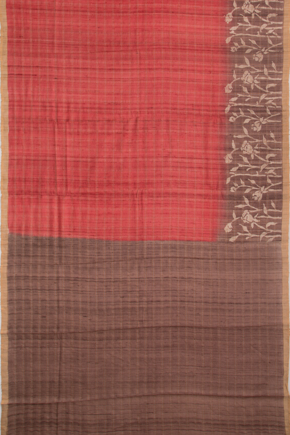 Tussar Checks Brick Red Saree