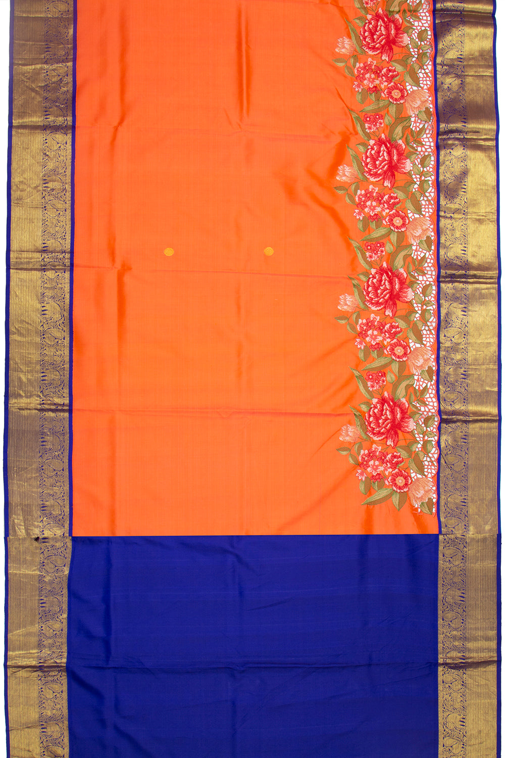 Kanchipuram Silk Butta Orange Saree With Cut Work