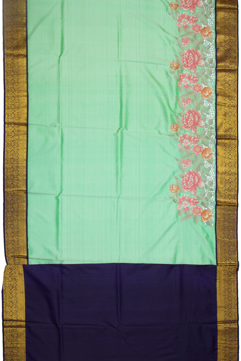 Kanchipuram Silk Plain Sea Green Saree With Cut Work