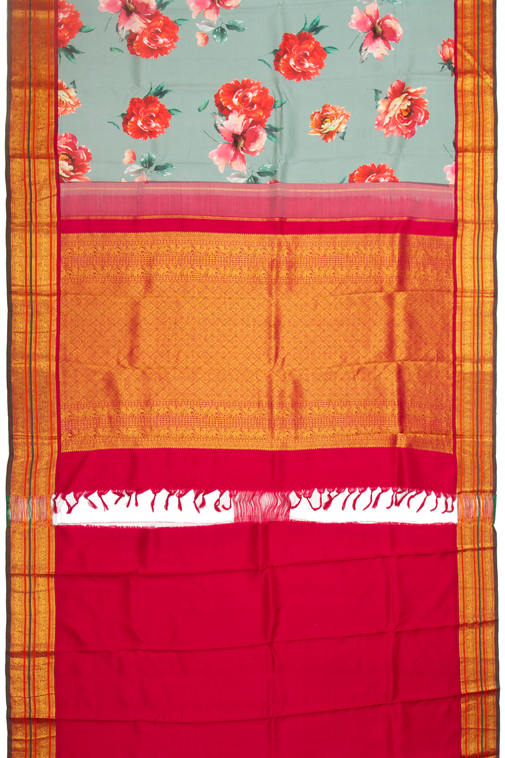 Kanchipuram Silk Floral Printed Greyish Blue Saree