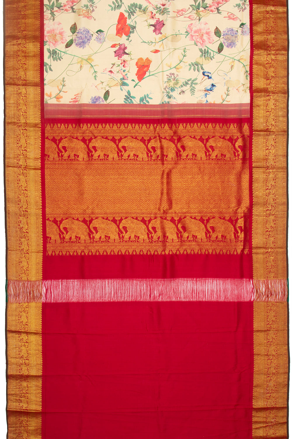 Kanchipuram Silk Floral Printed Cream Saree