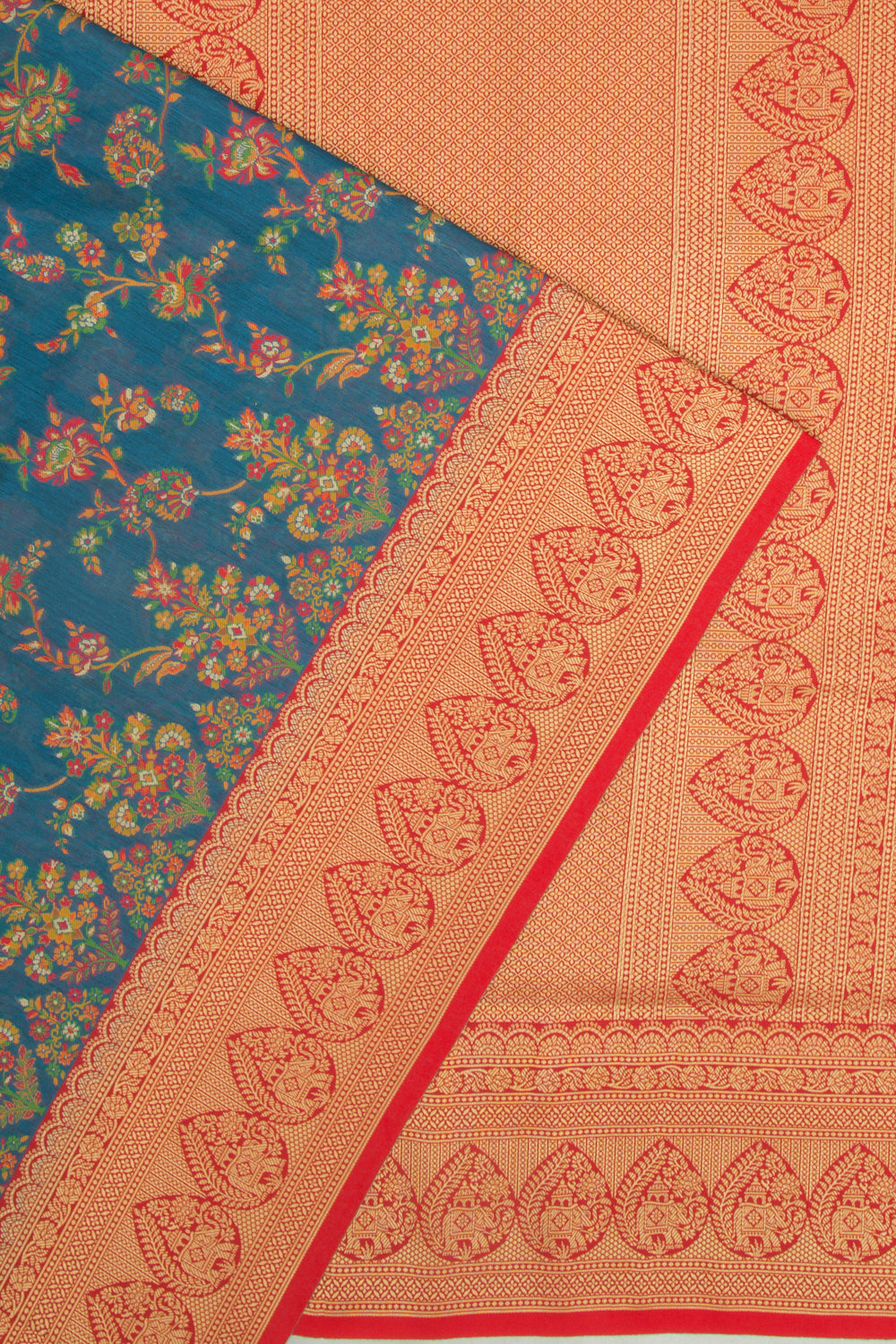 Chanderi Cotton Floral Jaal Teal Blue Saree