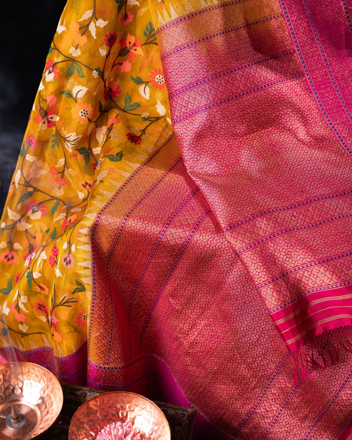 Banarasi Kora Organza Jamdani All Over Mustard Yellow Saree