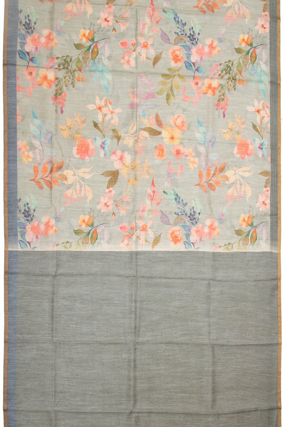 Chanderi Cotton Floral Printed Grey Saree