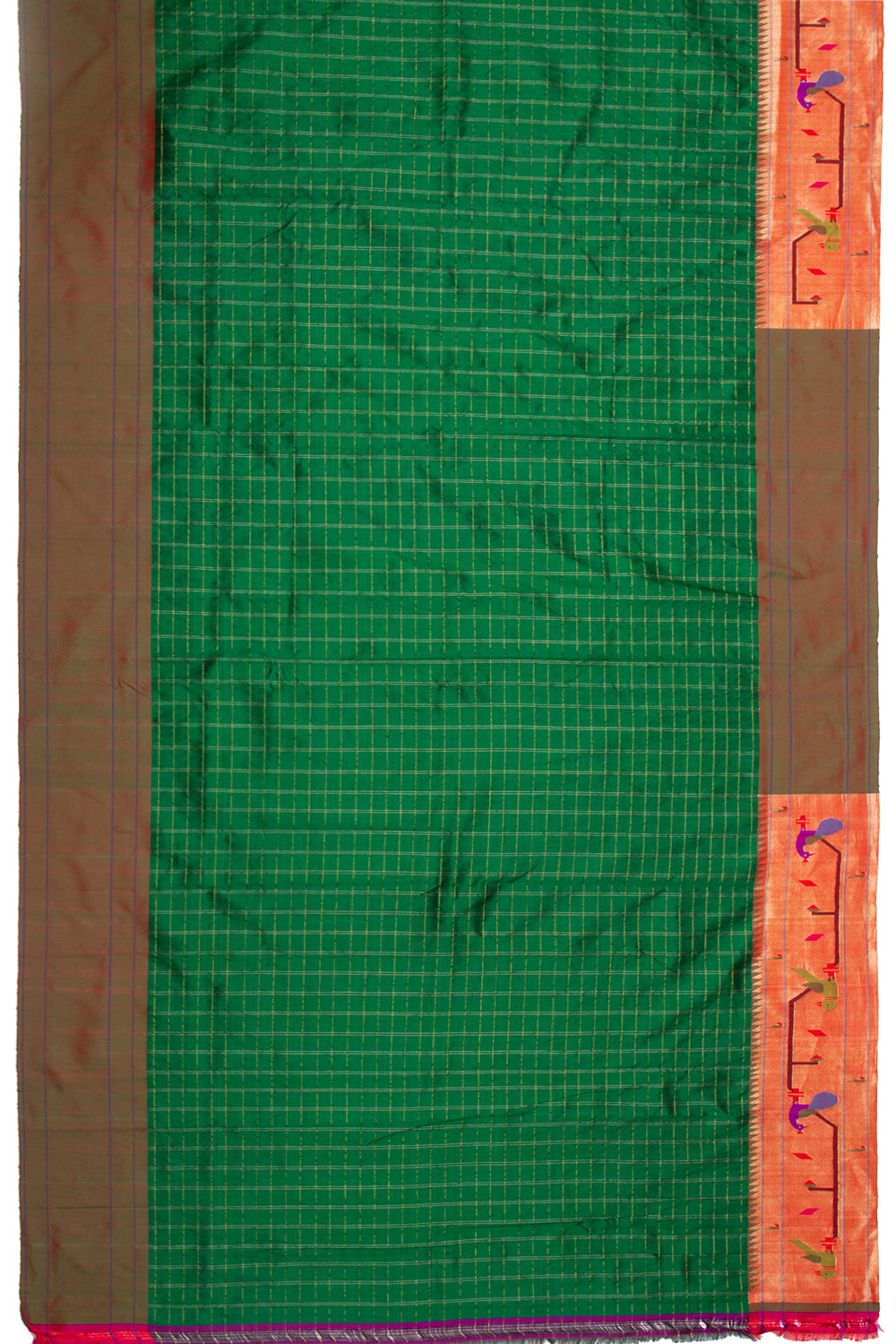 Paithani Silk Checks Green Saree With Akruthi Border