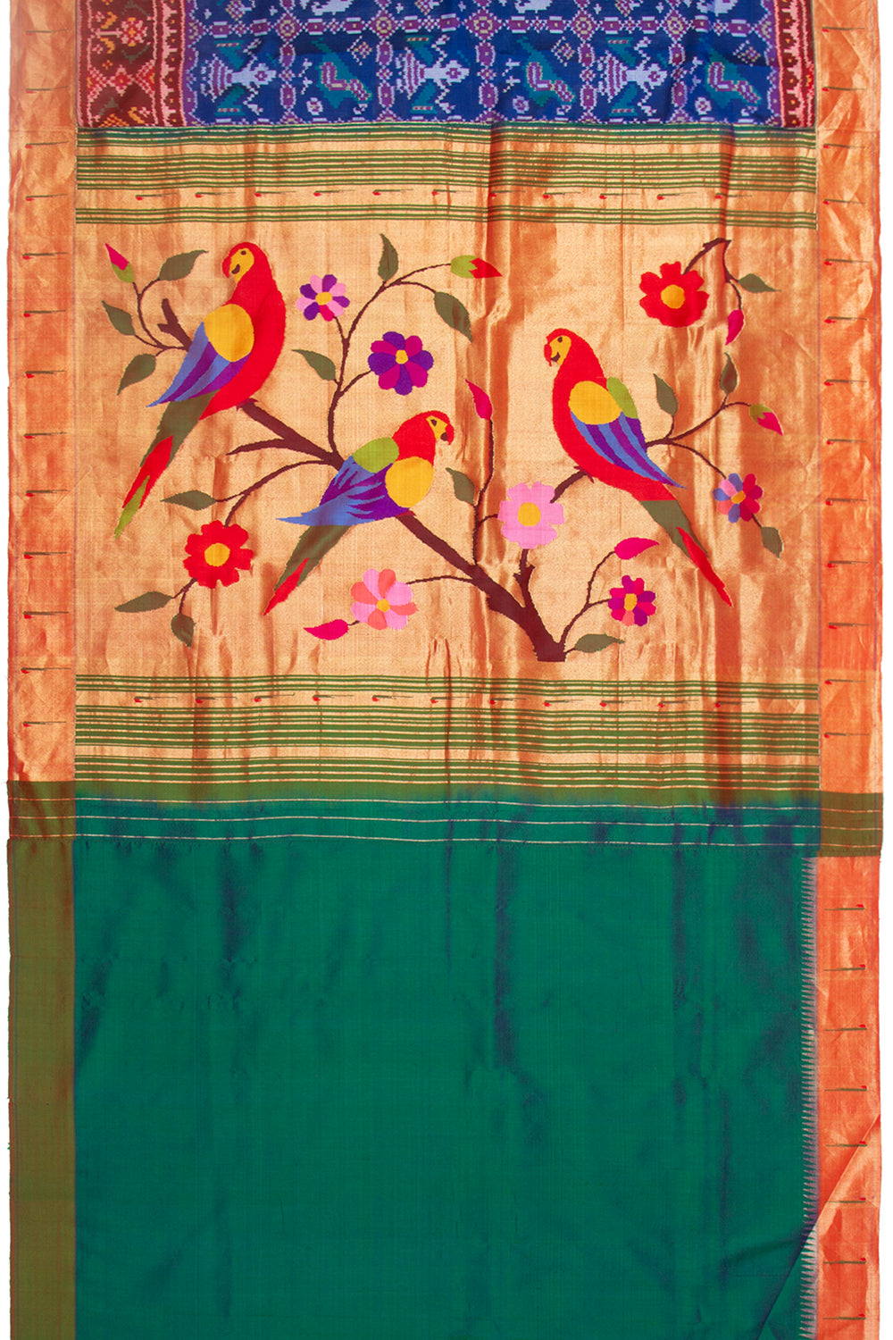 Paithani Silk Ikat Dark Blue Saree With Attached Paithani Border