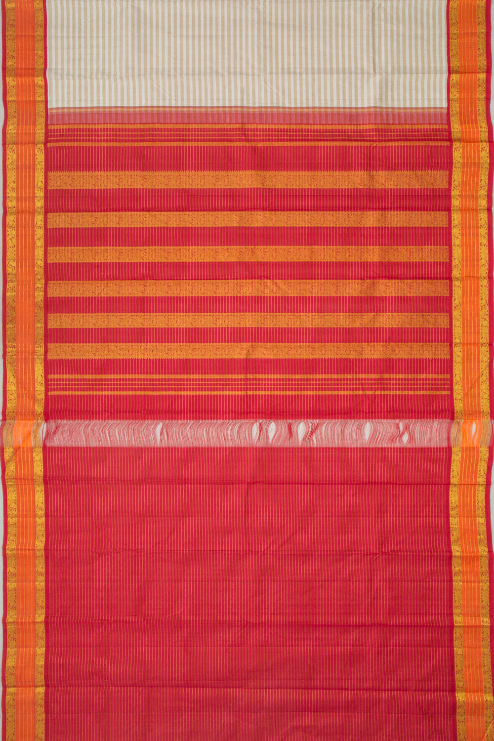Kanchipuram Silk Horizontal Lines White And Cream Saree