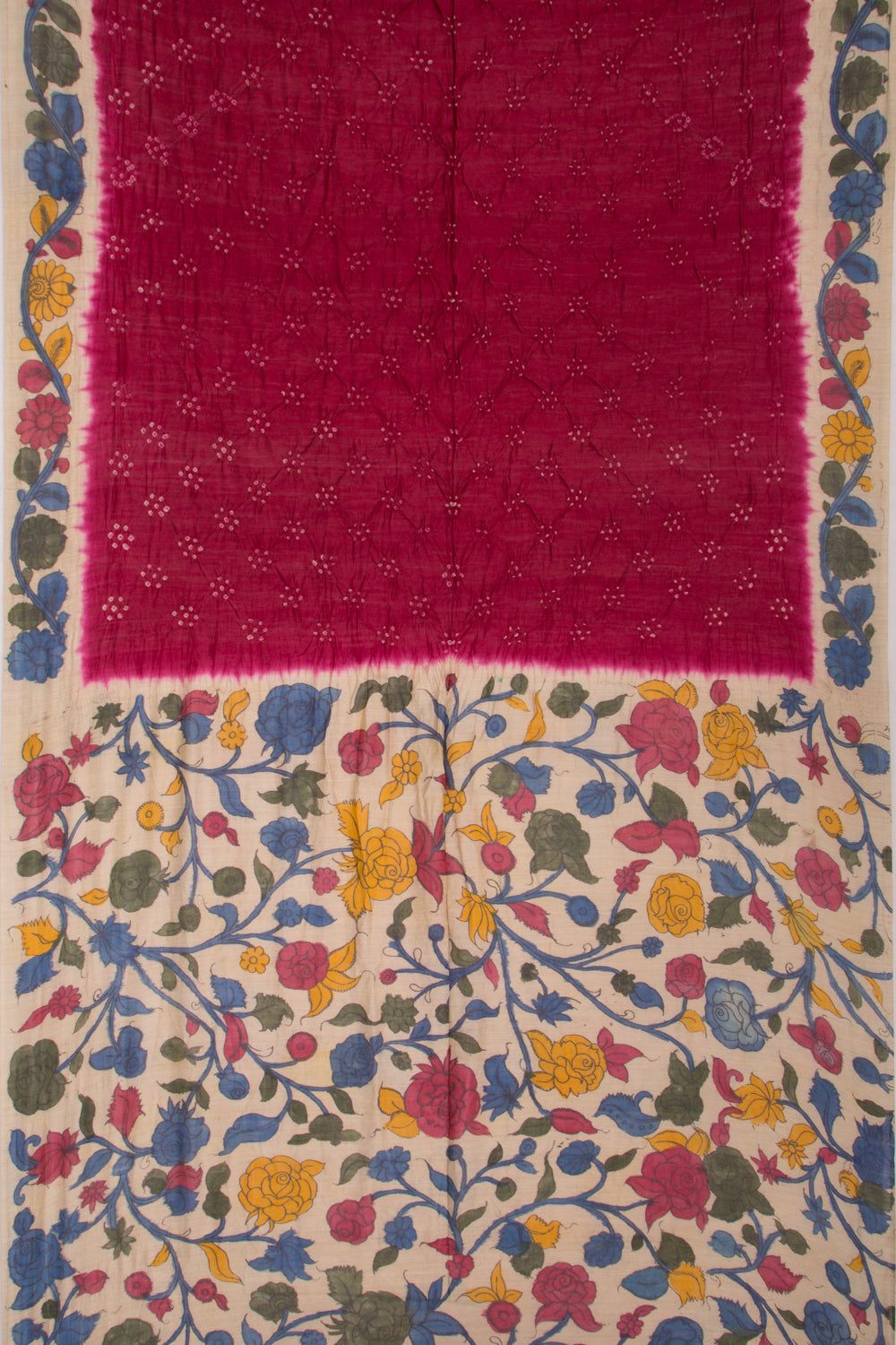 Chiniya Silk Bandhani And Kalamkari Maroon Saree