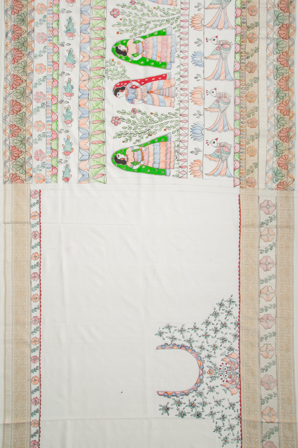 Kanchipuram Silk Hand Painted Madhubani White Saree