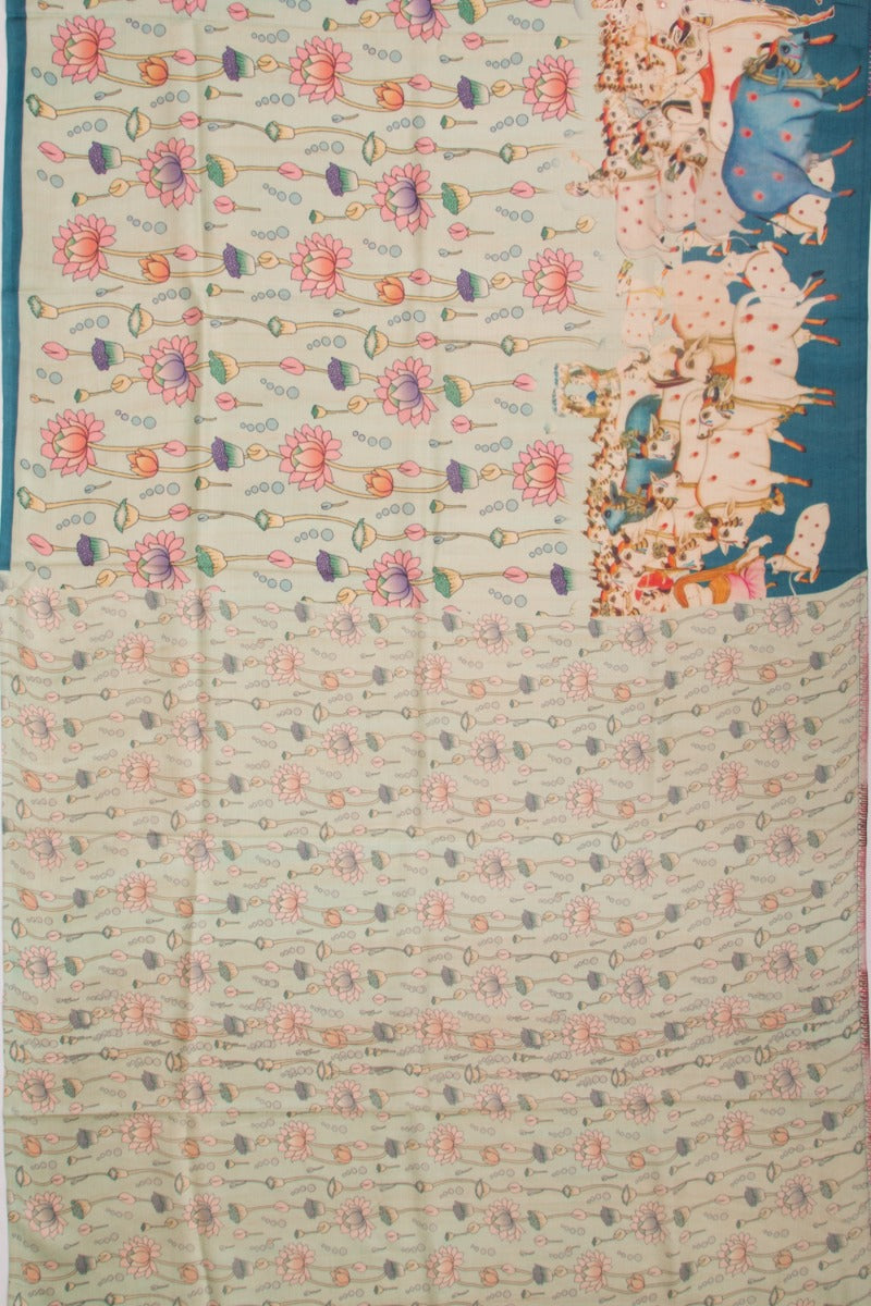 Tussar Silk Pichwai Printed Mint Green Saree