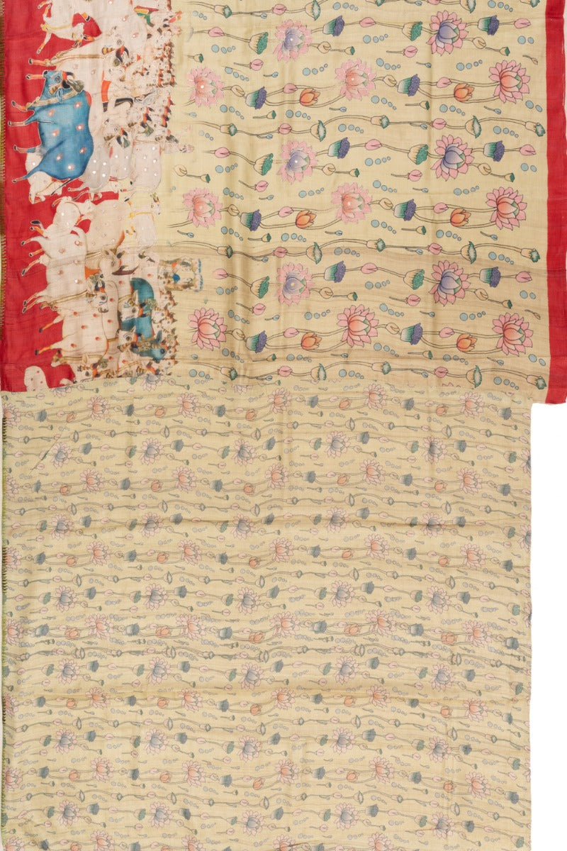 Tussar Silk Pichwai Printed Beige Saree