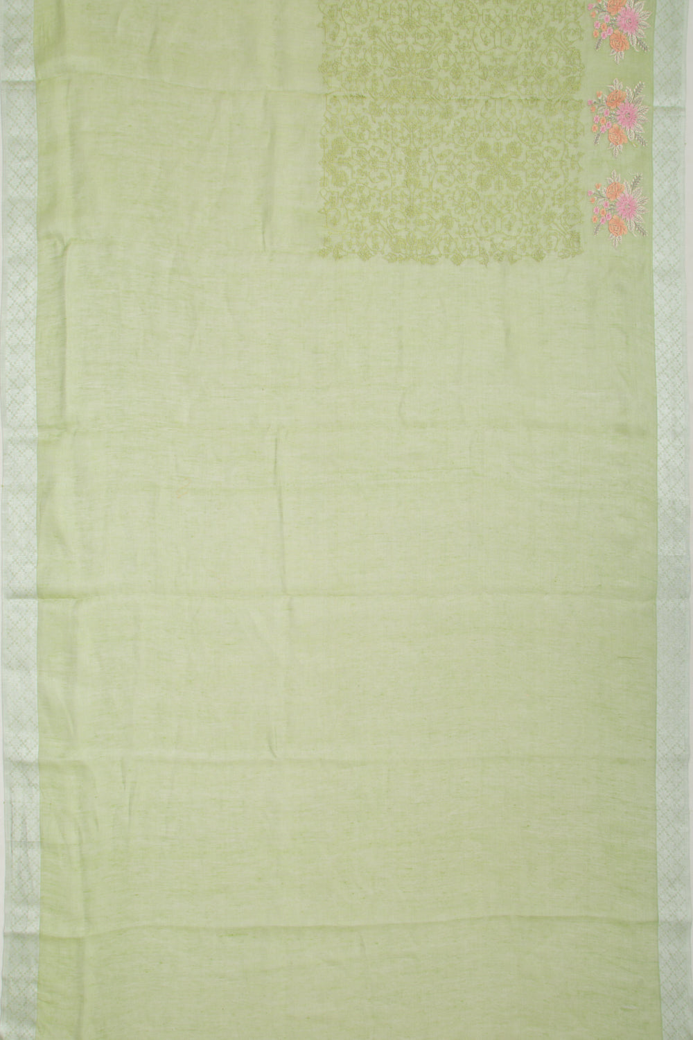 Linen Tissue Embroidery Green Saree