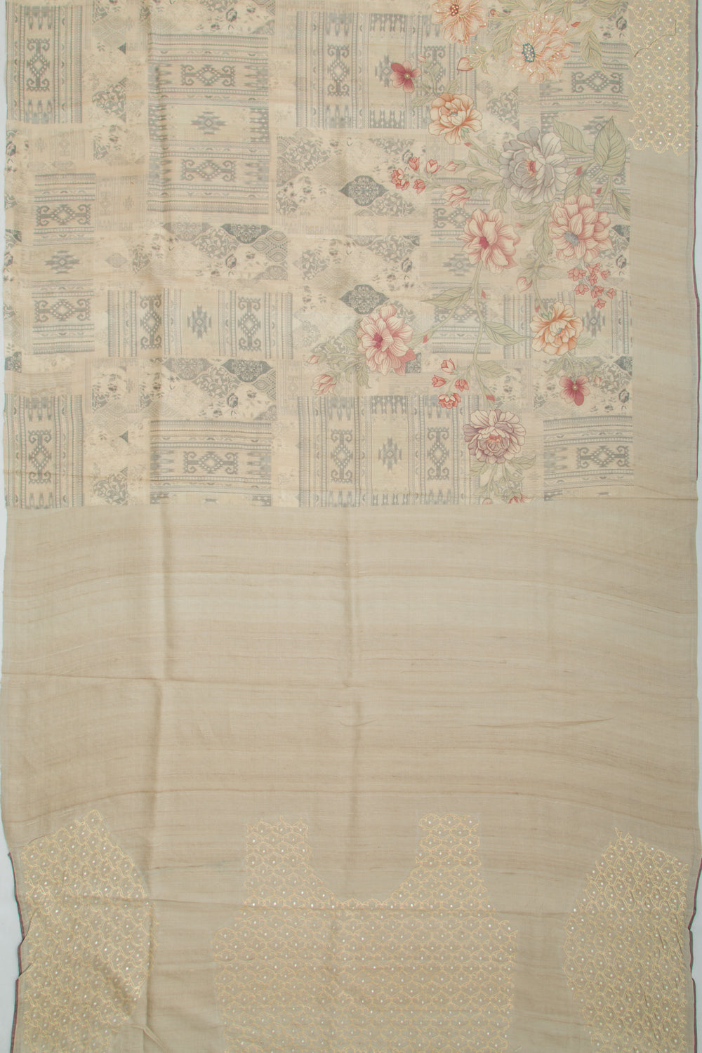 Tussar Floral Printed And Embroidery Cream Saree