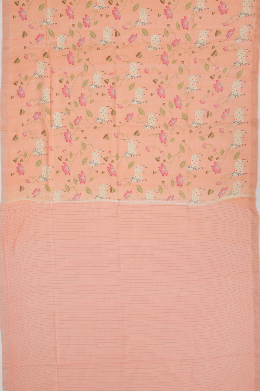Tussar Tissue Pichwai Printed Pastel Orange Saree