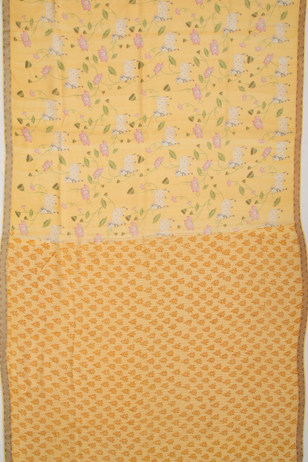 Tussar Lines And Pichwai Printed Yellow Saree