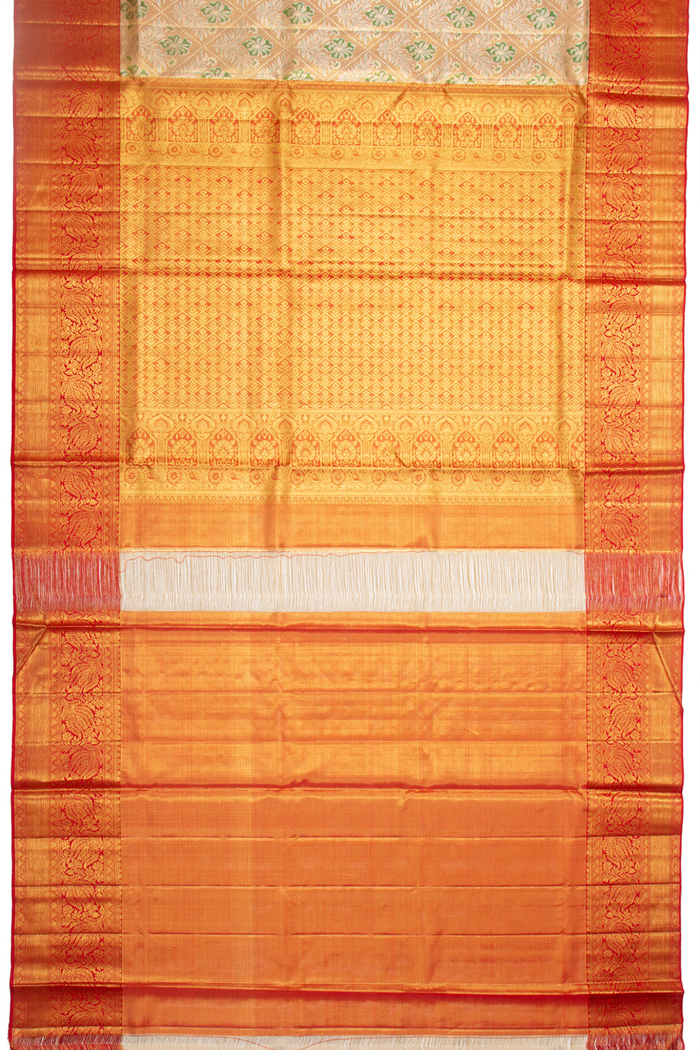 Kanchipuram Silk Tissue Criss Cross Checks And Butta Peach Saree