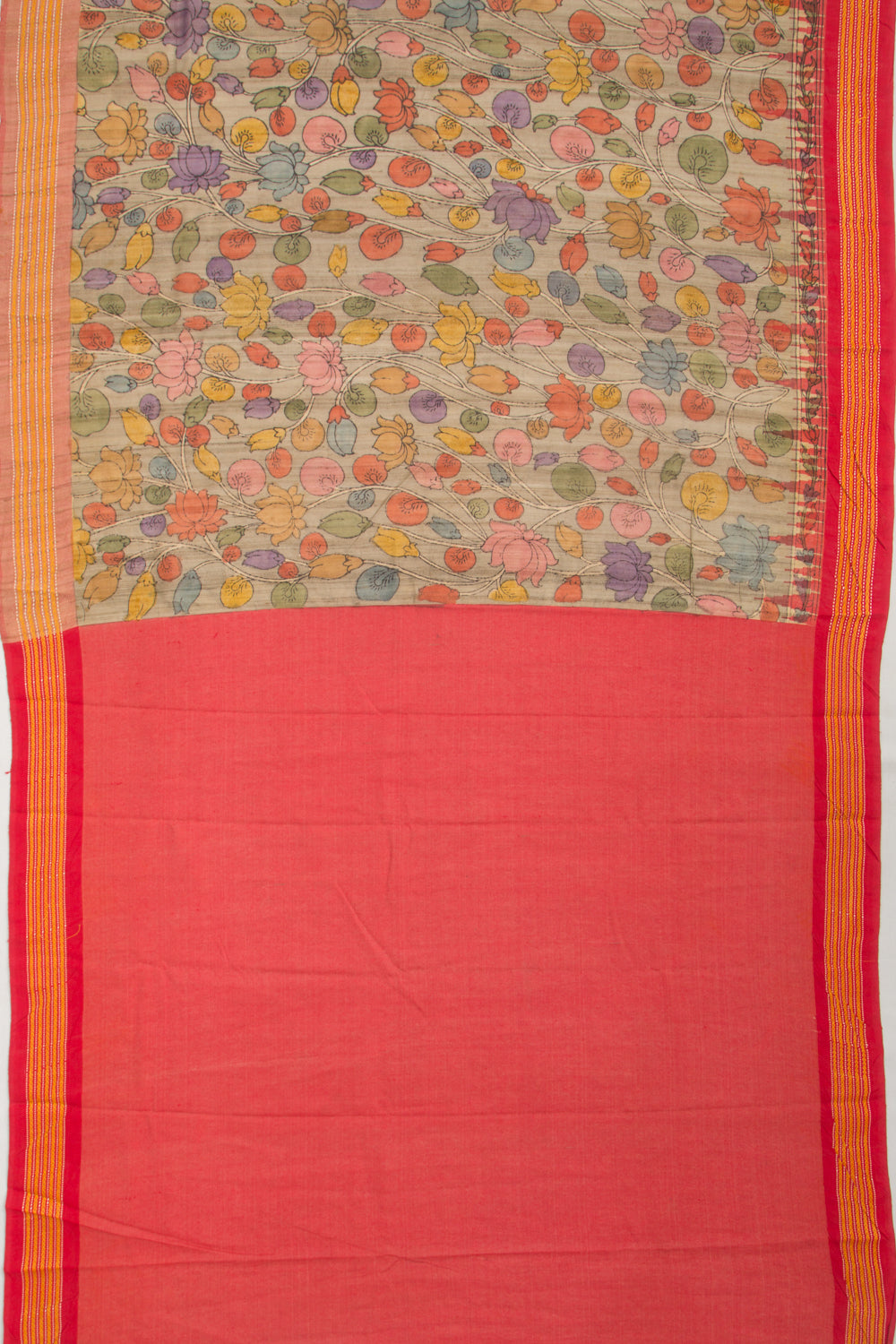 Tussar Kalamkari Handpainted Pastel Grey Saree