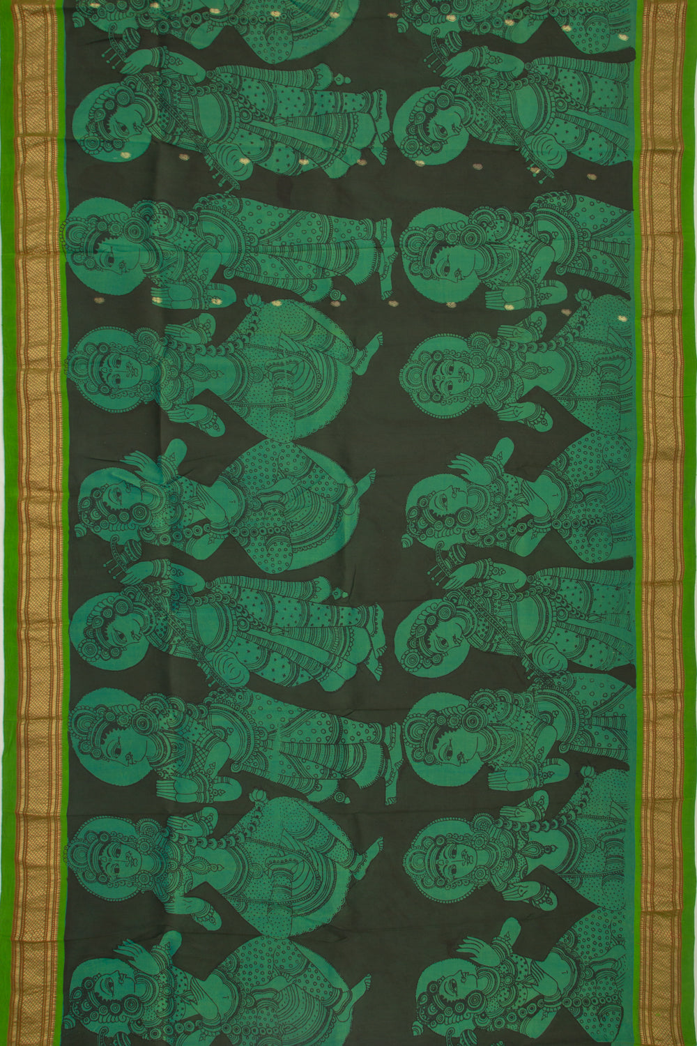 Paithani Silk Kalamkari Handpainted Black And Green Saree