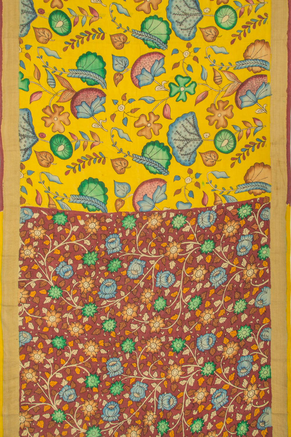 Paithani Cotton Kalamkari Handpainted Yellow Saree