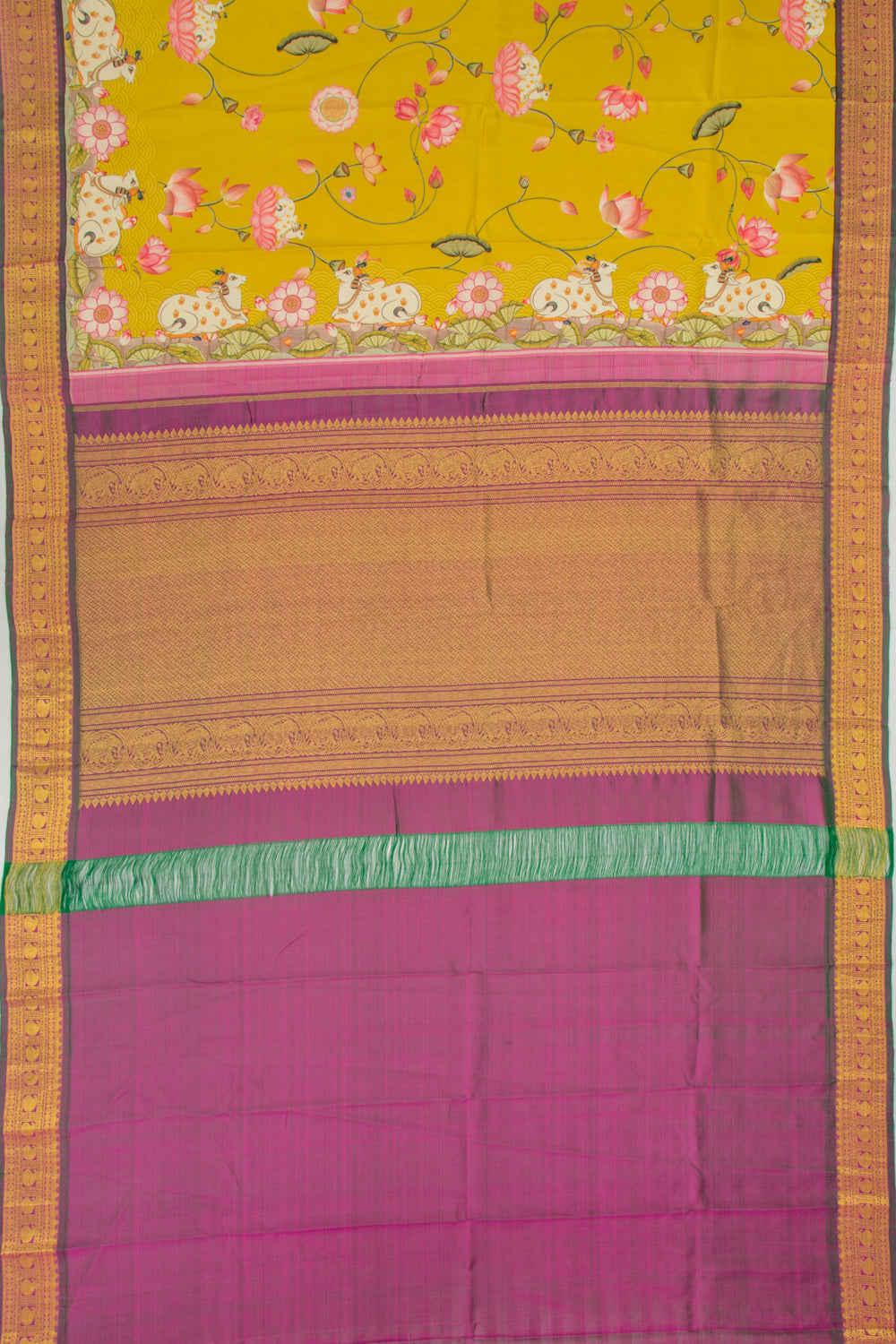Kanchipuram Silk Pichwai Printed Mehendi Green Saree