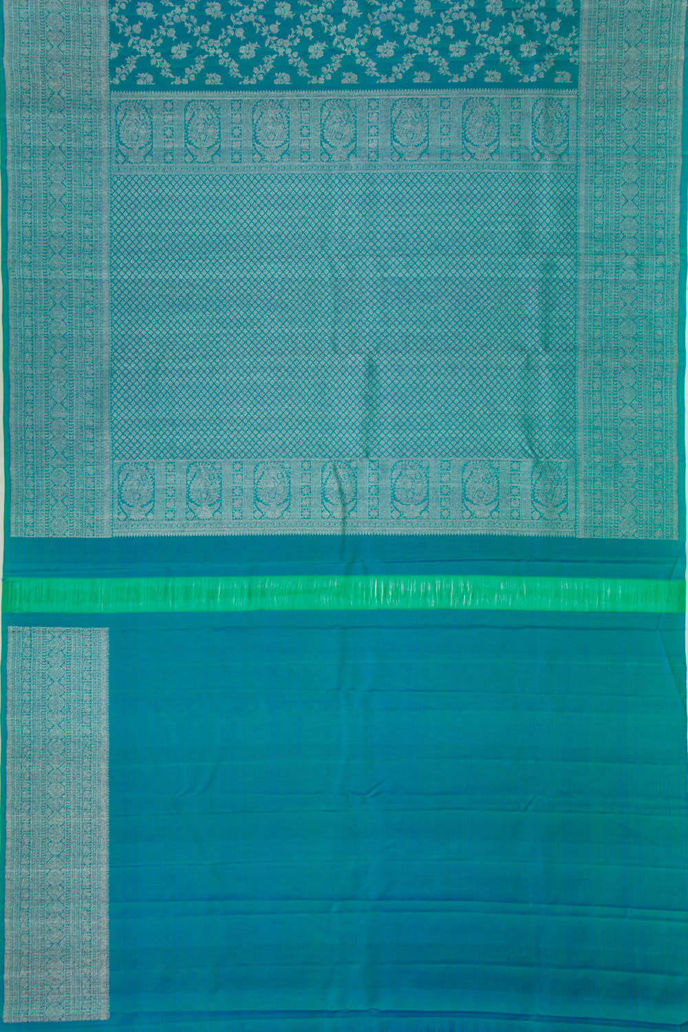 Kanchipuram Silk Jaal And Butta Dual Tone Blue And Green Saree