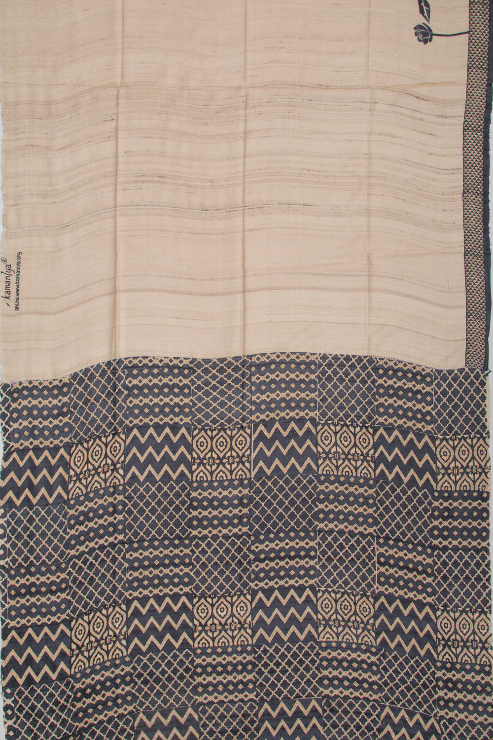 Tussar Plain Beige Saree With Kantha Work
