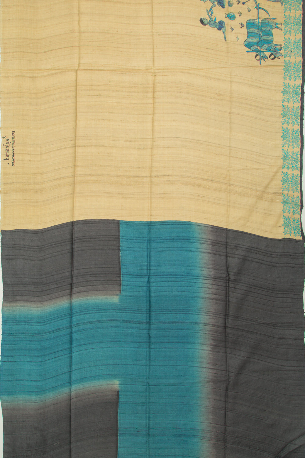 Tussar Printed Beige Saree With Kantha Work