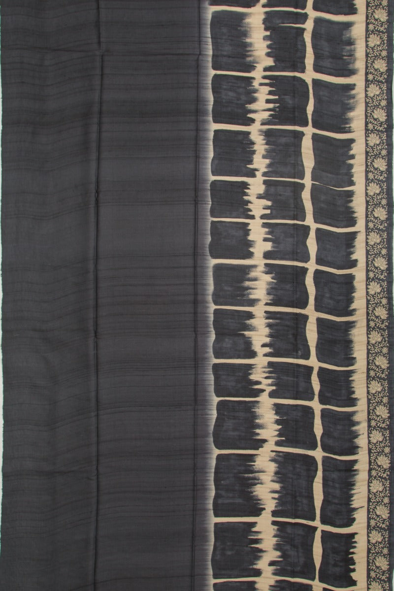 Tussar Half And Half Printed Beige And Black Saree With Kantha Work