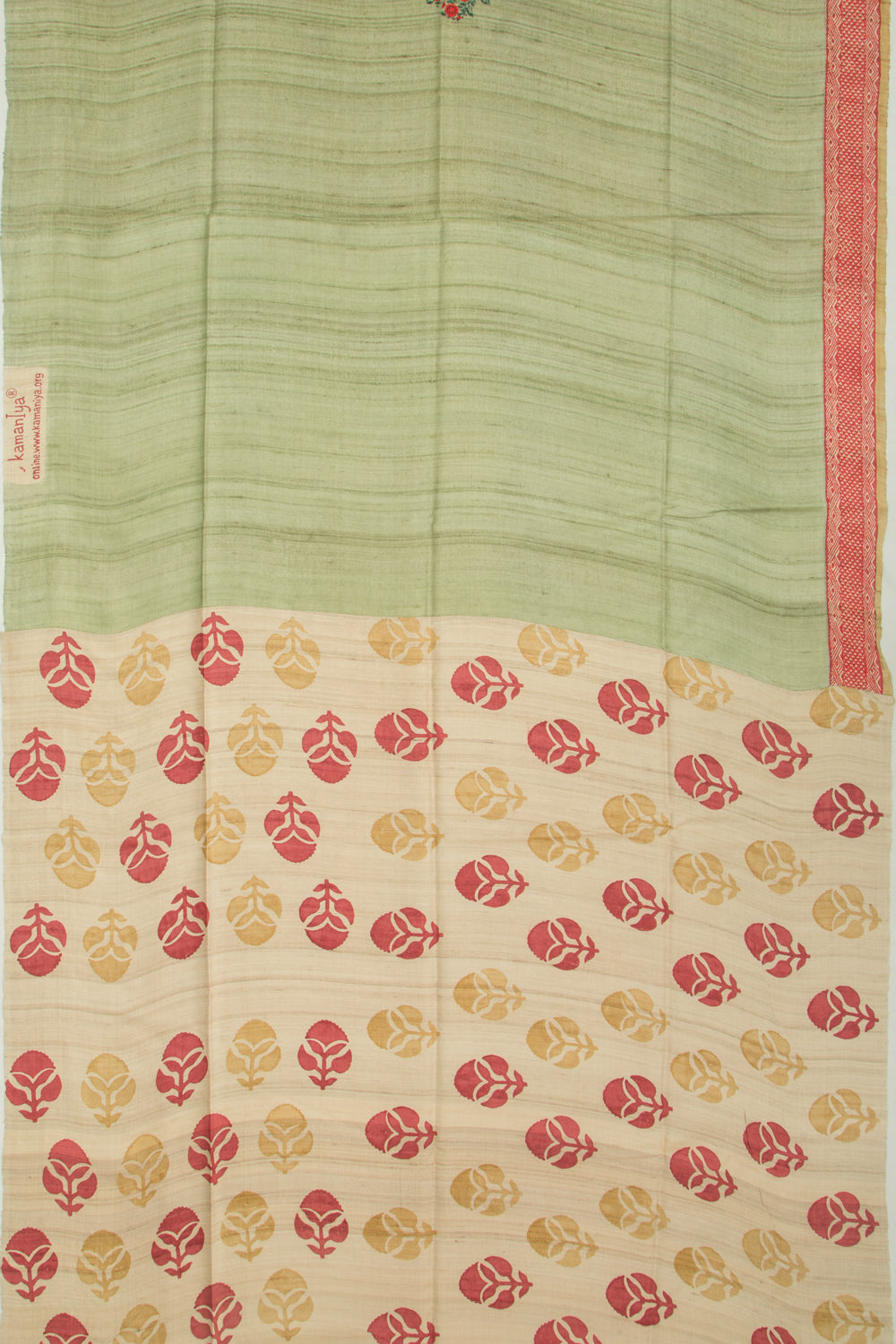 Tussar Butta Pista Green Saree With Kantha Work