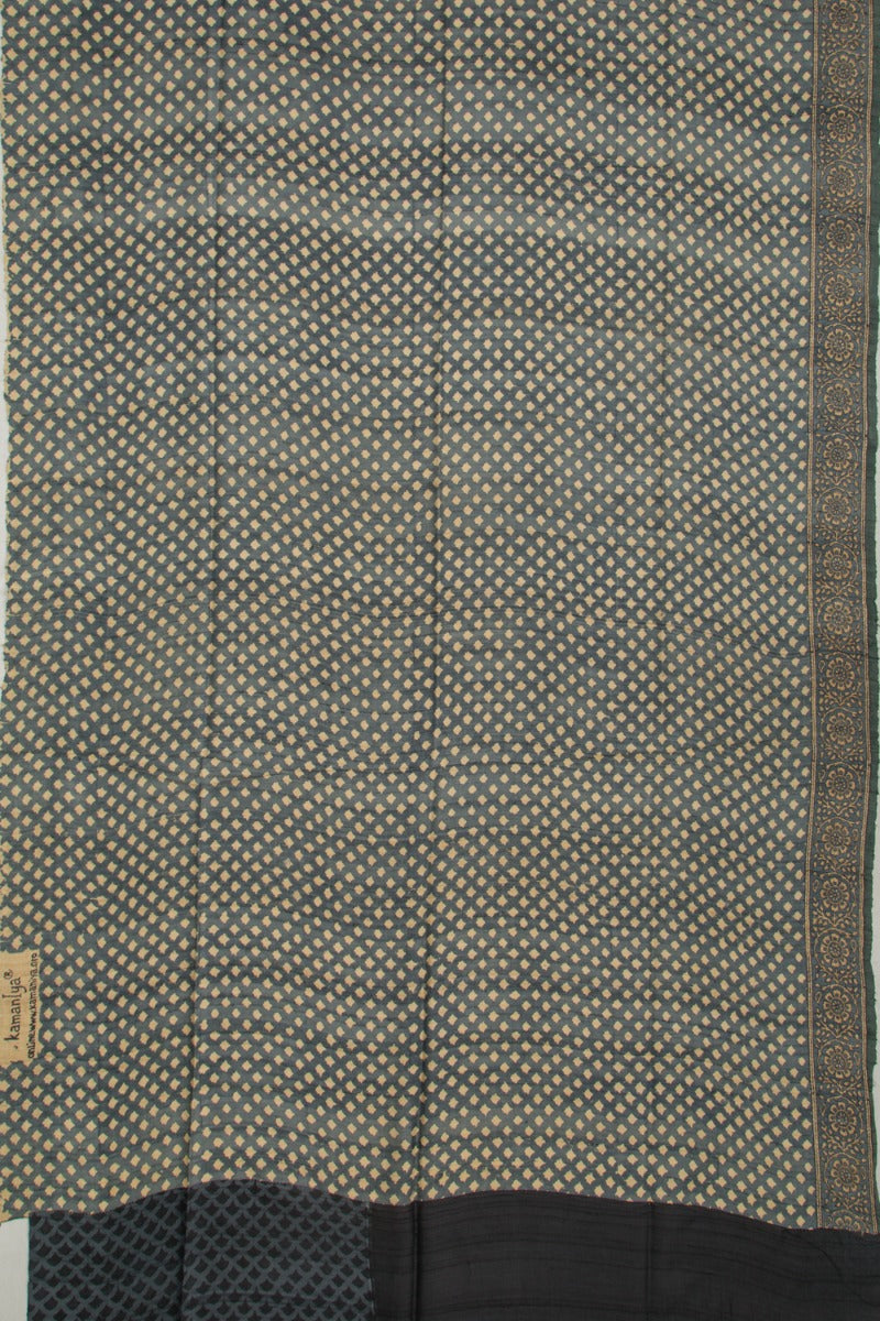 Tussar Half And Half Printed Beige And Black Saree With Kantha Work