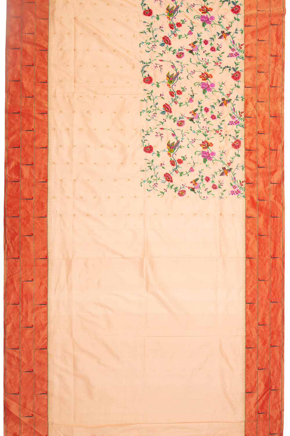 Soft Silk Paithani Embroidery Pastel Orange Saree With Triple Muniya Border