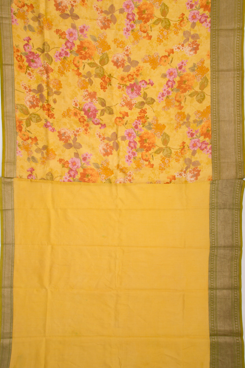 Munga Tussar Floral Printed Yellow Saree