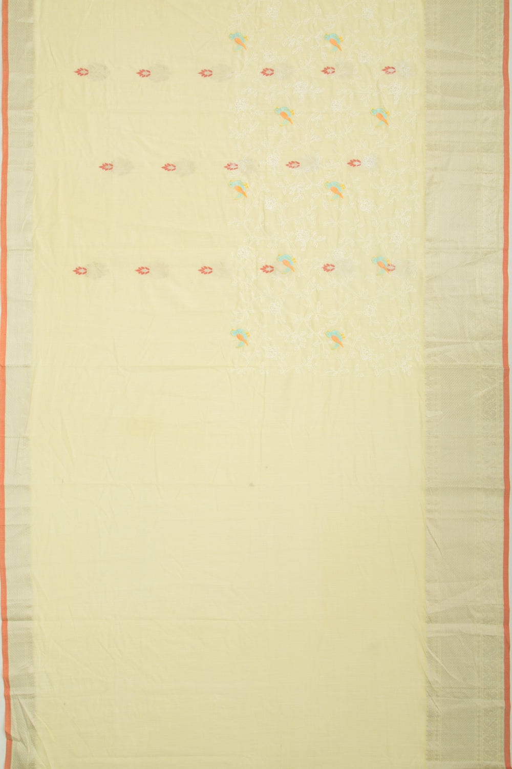 Linen Floral Embroidery Pastel Yellow Saree
