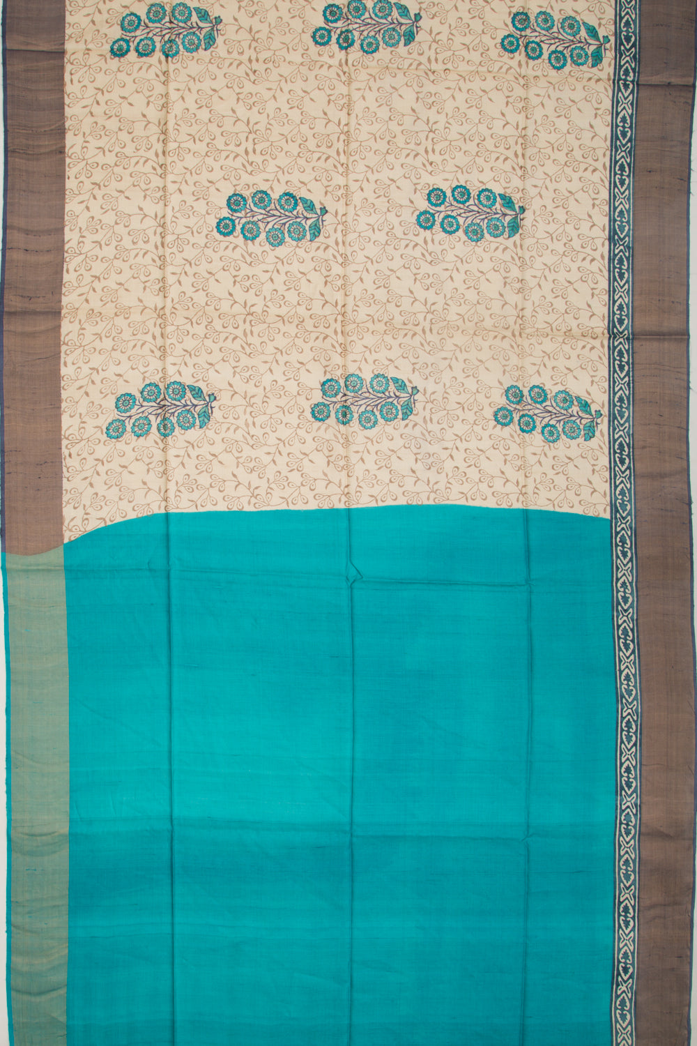 Tussar Floral Printed Cream Saree