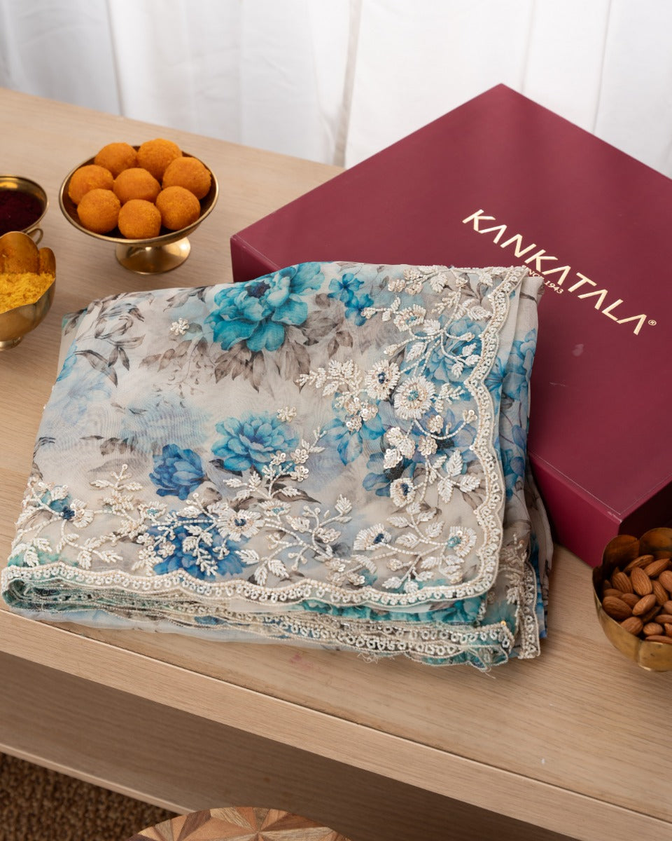 Organza Floral Printed White Saree With Scallop Gotta Patti Work Border