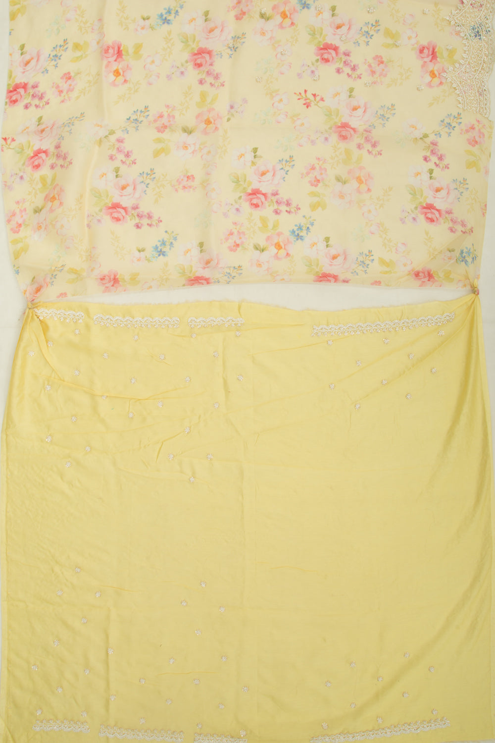 Organza Floral Printed Lemon Yellow Saree With Scallop Gotta Patti Work Border