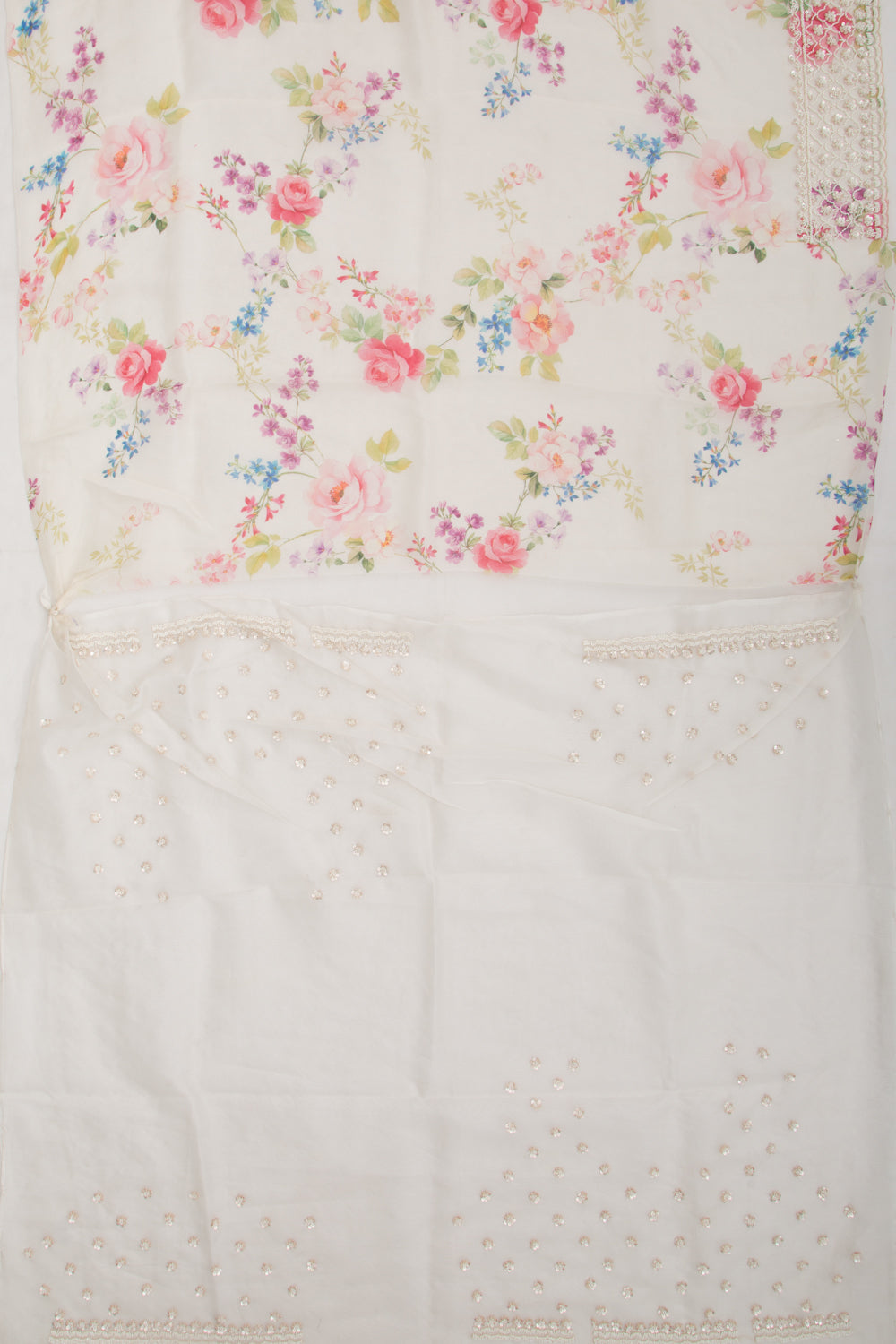 Organza Floral Printed White Saree With Scallop Gotta Patti Work Border