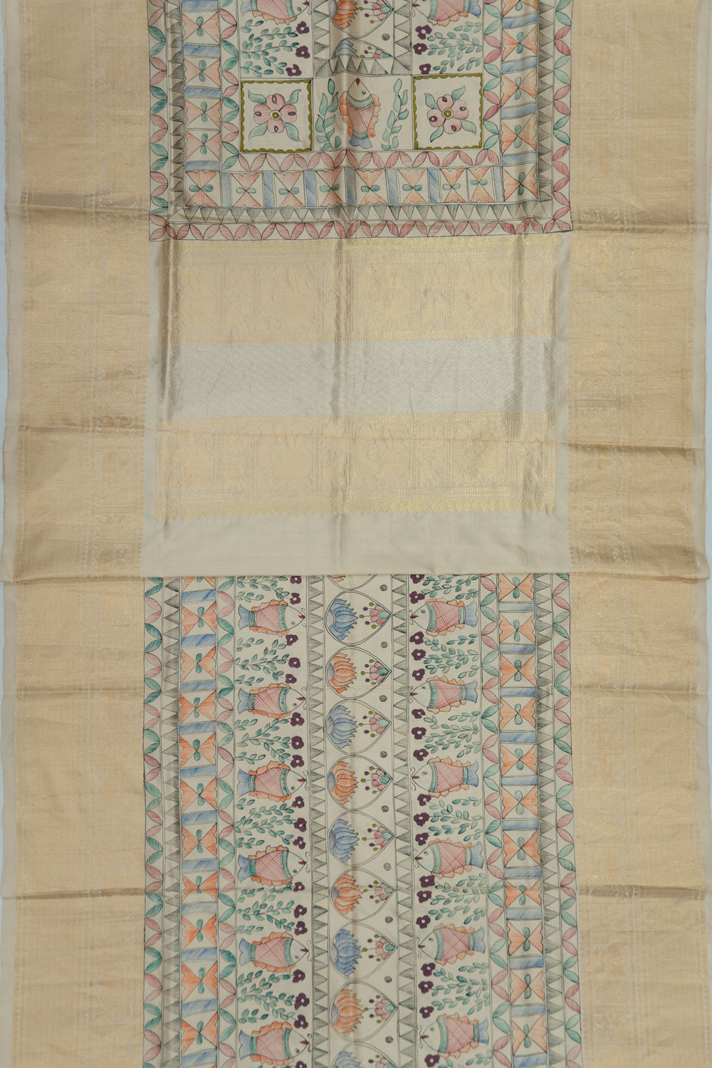 Kanchipuram Silk Madhubani Printed Off White Saree