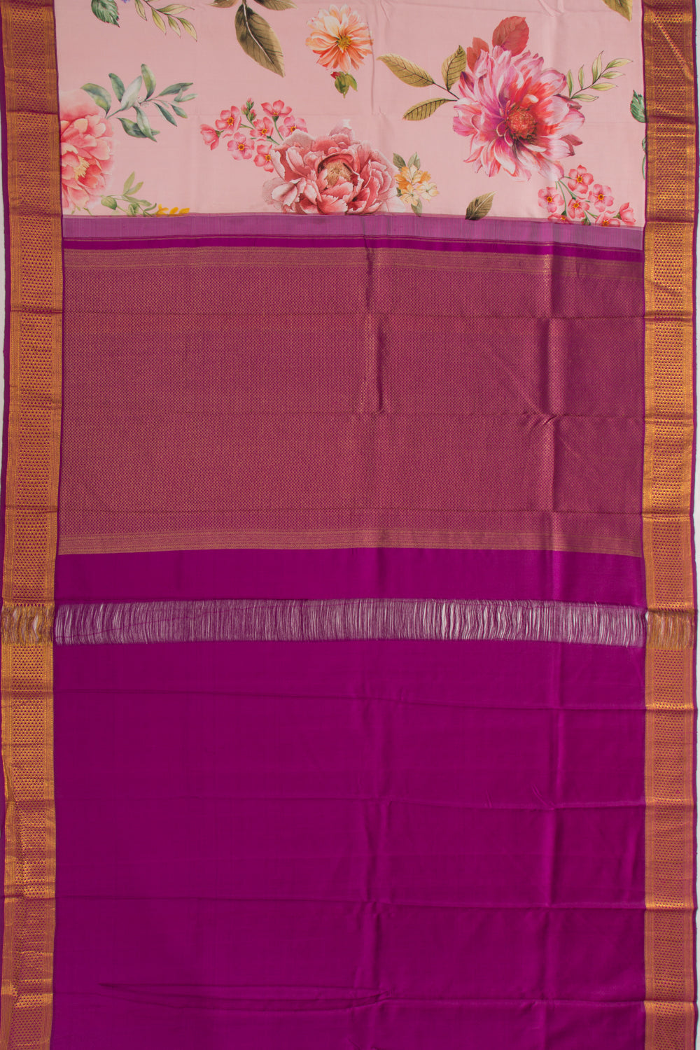 Kanchipuram Silk Floral Printed Pink Saree