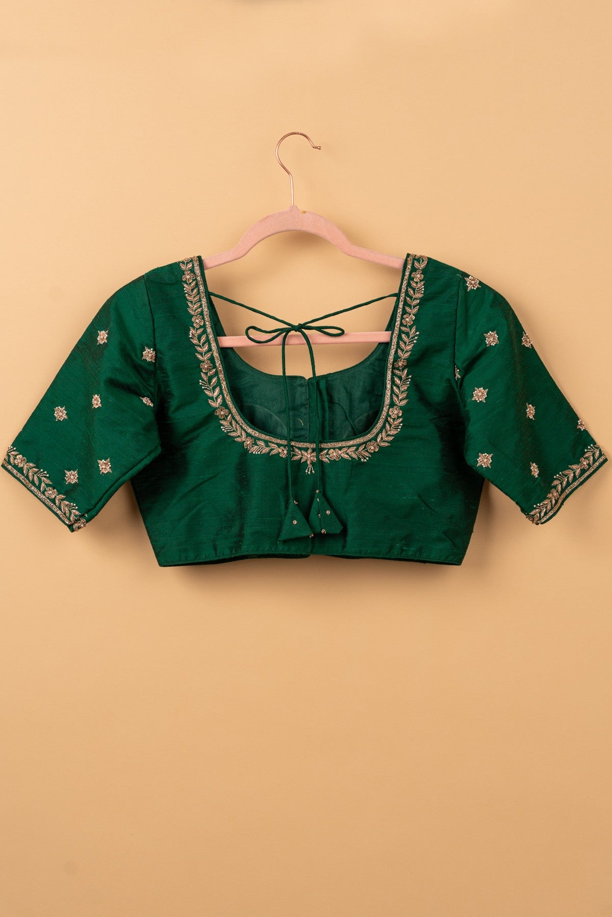 Raw Silk Readymade Padded Bottle Green Blouse Size 36